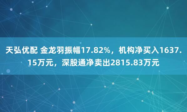 天弘优配 金龙羽振幅17.82%，机构净买入1637.15万元，深股通净卖出2815.83万元